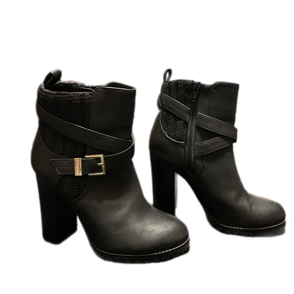 Juicy Couture Black Leather Sweater Zip High Heel Ankle Boots Women’s Size 5M